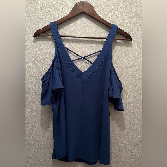 Blue Peek-a-boo/Off Shoulder Blouse - Picture 3 of 4